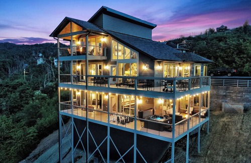 Chalet Village North Cabin | MAGNIFICENT Modern Luxury Cabin! VIEWS! HUGE Decks! Fire Pits! Gaming! Theater!